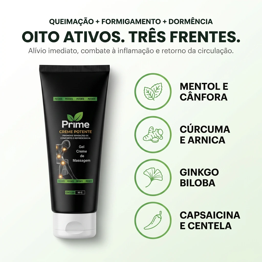Oito ativos, três frentes: mentol, cúrcuma, ginkgo biloba e capsaicina