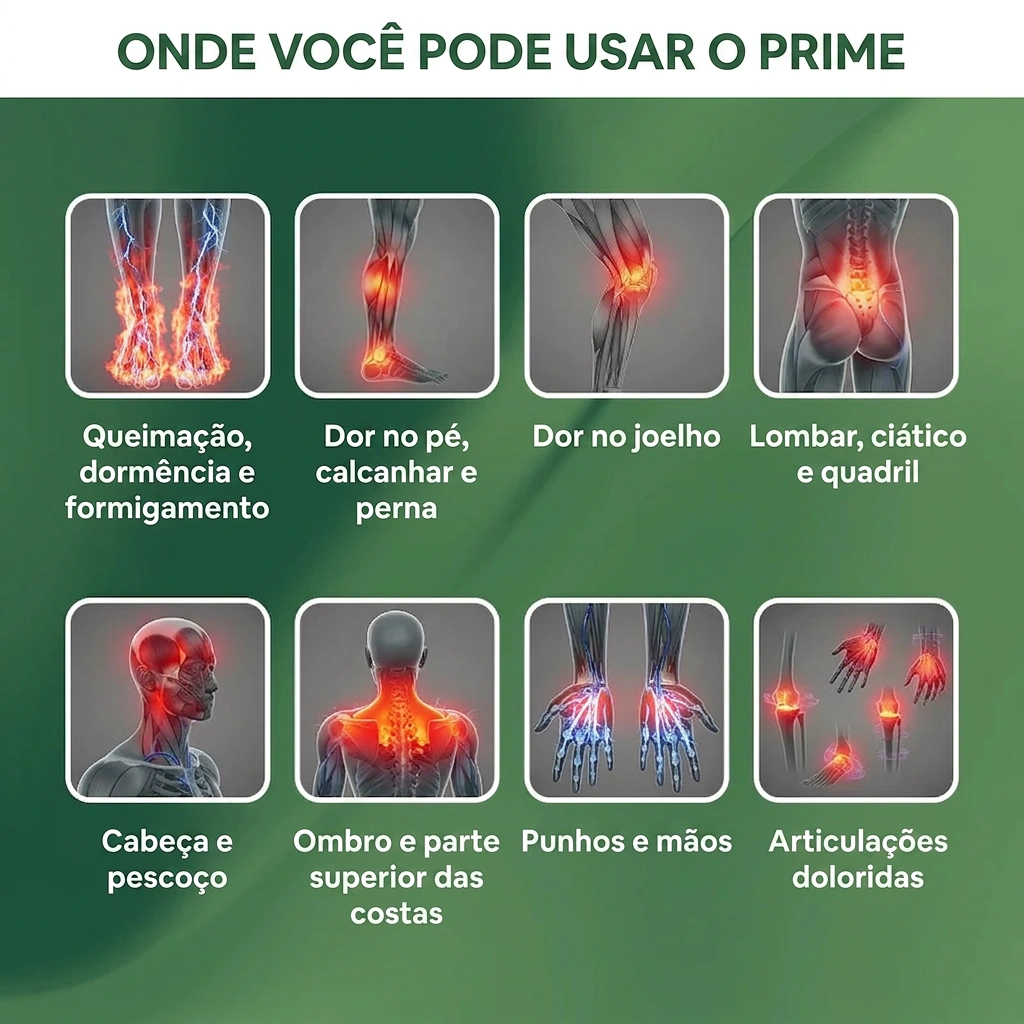 Onde você pode usar o Prime: queimação e formigamento nos pés, calcanhar e perna, joelho, lombar e ciático, cabeça e pescoço, ombro e costas, punhos e mãos, e articulações doloridas
